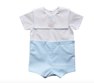 Boy Suit in Blue and White with Binding Trim and Square Collar