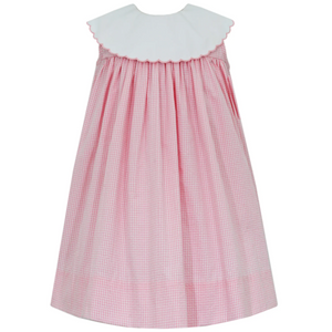 Pink Seersucker Gingham Dress w/ Scalloped Round Collar