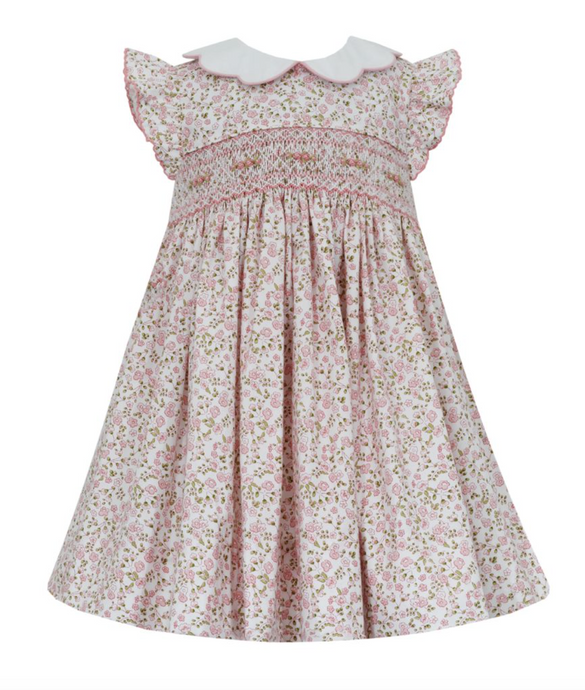 Pink Floral Smocked Dress with Scallop Collar