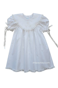 Christening Dress with White Puff Sleeves and Scalloped Round Collar