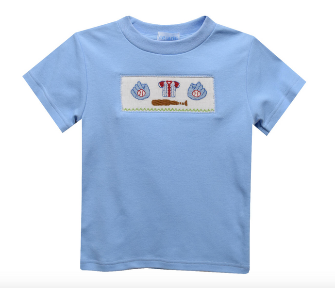 Baseball Smocked Light Blue Short Sleeve T-Shirt