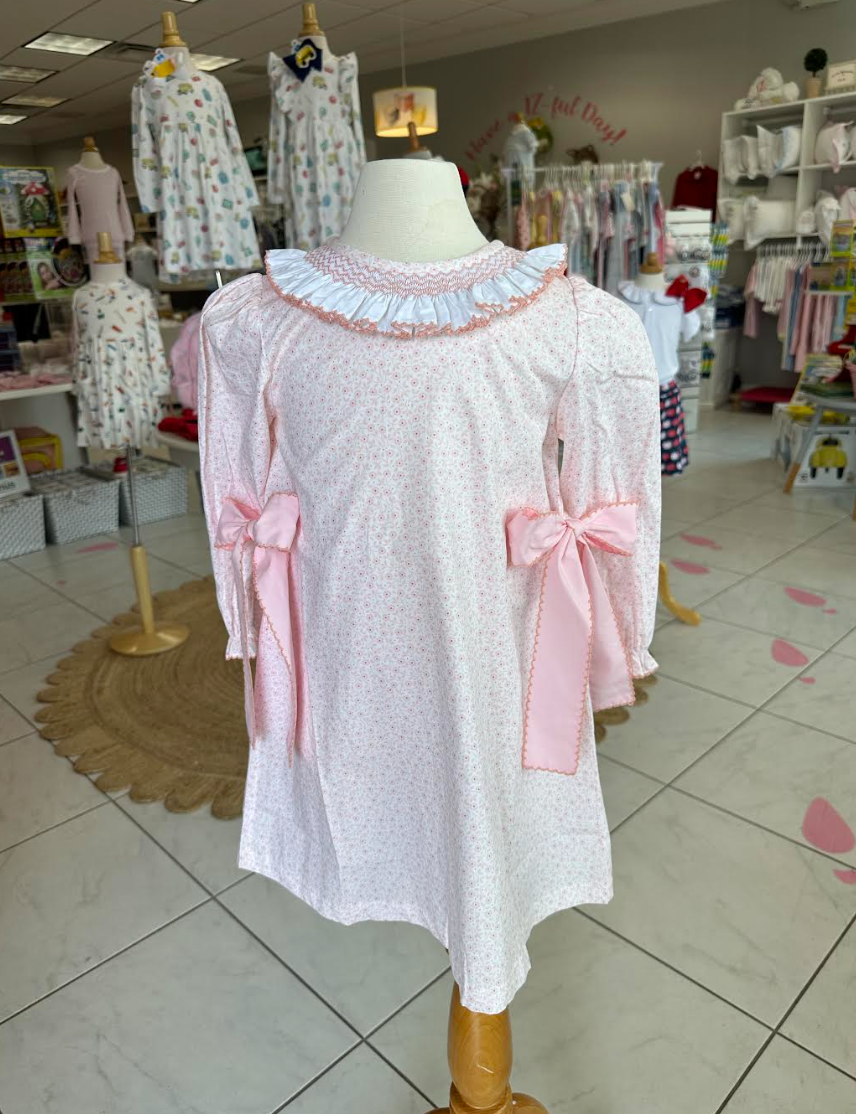 Pink Floral Ruffle Collar With Bow Dress