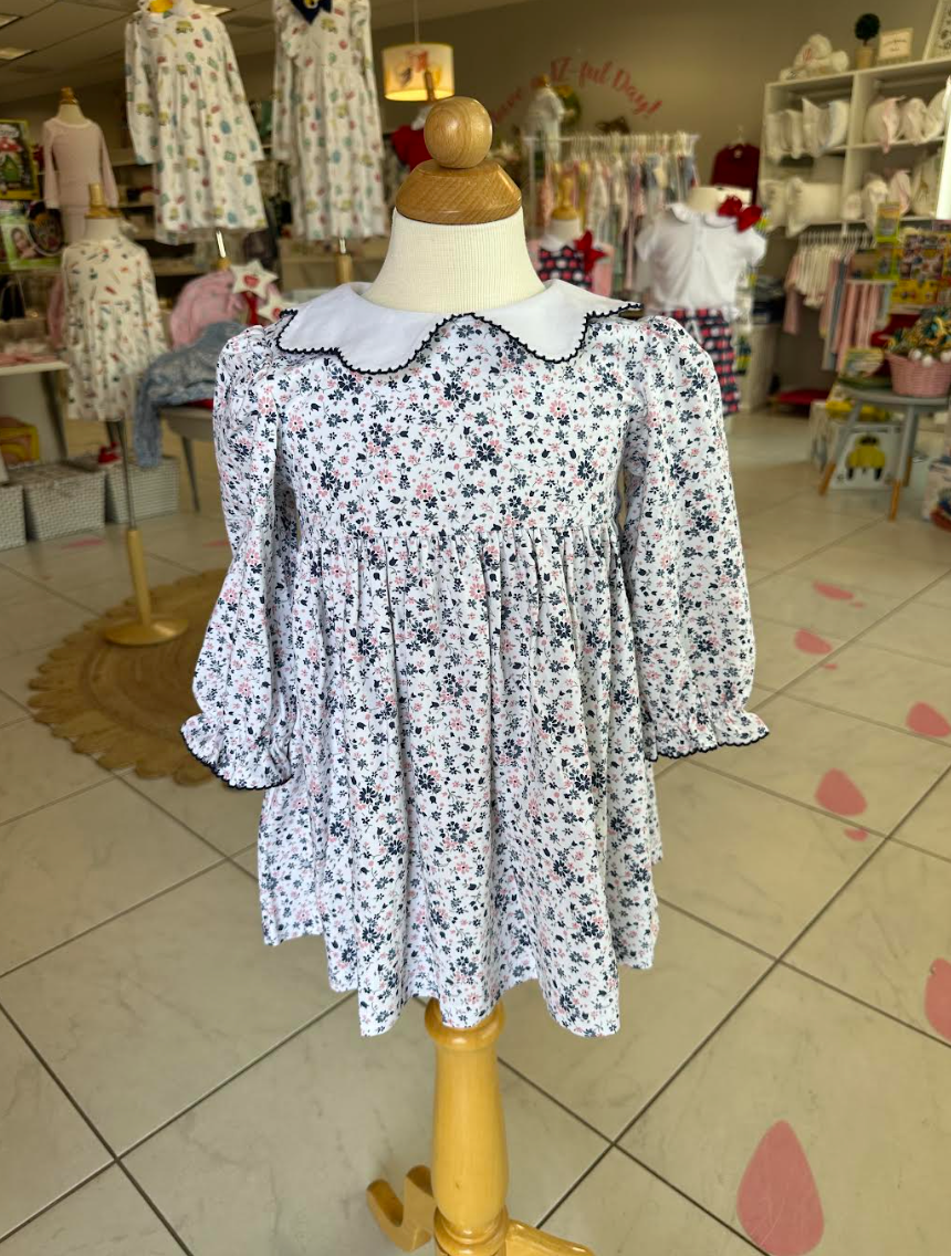 Navy & Pink Floral Knit Scallop Dress