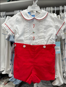 Boy's Short Set - Candy Canes - white corduroy shirt/red corduroy shorts