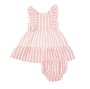 Picot Trim Edged Dress in Pink Stripe
