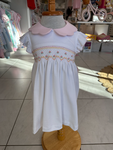 Kate White Smocked Dress with Scalloped Collar