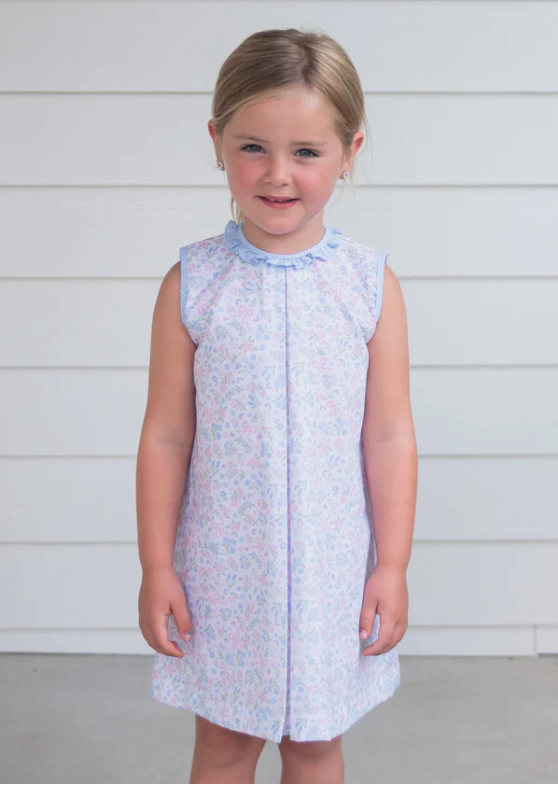 Penny Pleat Dress- Blossoms & Bows Inverted Pleat Dress W/ Blue Gigham