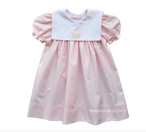 Pink Dress with Puff Sleeves, Binding Trim and Square Collar