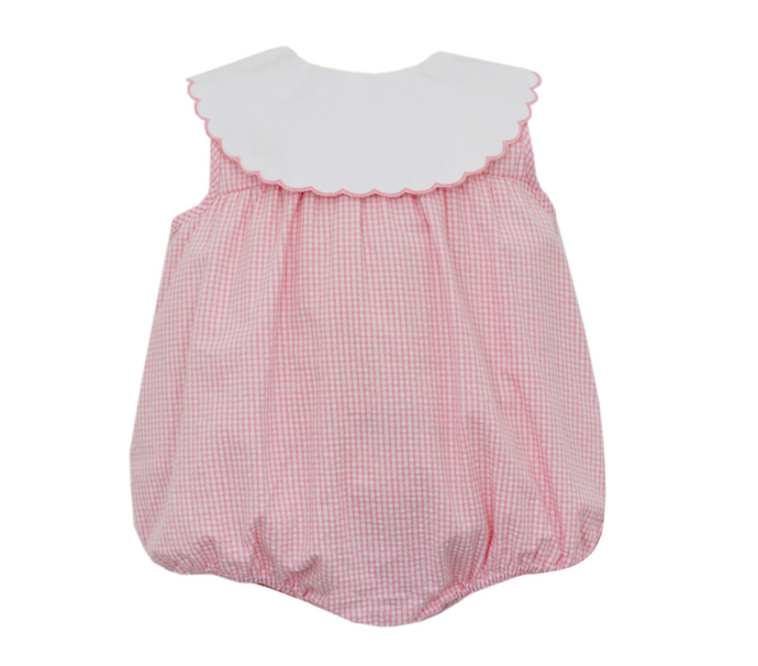 Pink Seersucker Gingham Bubble With Scalloped Collar