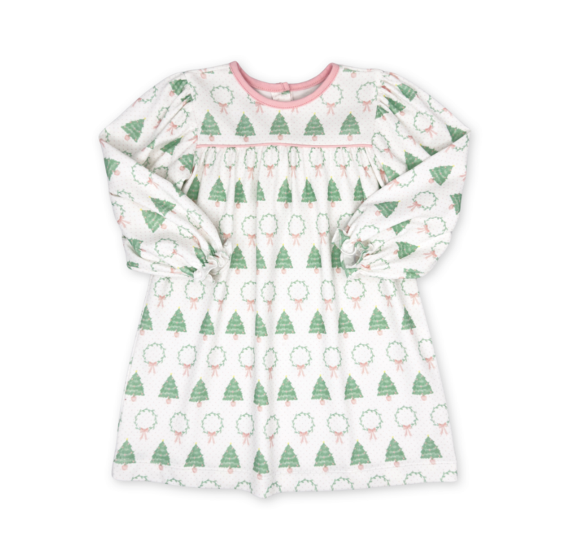 Mother May I Making Dress Long Sleeve- Oh Christmas Tree, Pensacola Pink