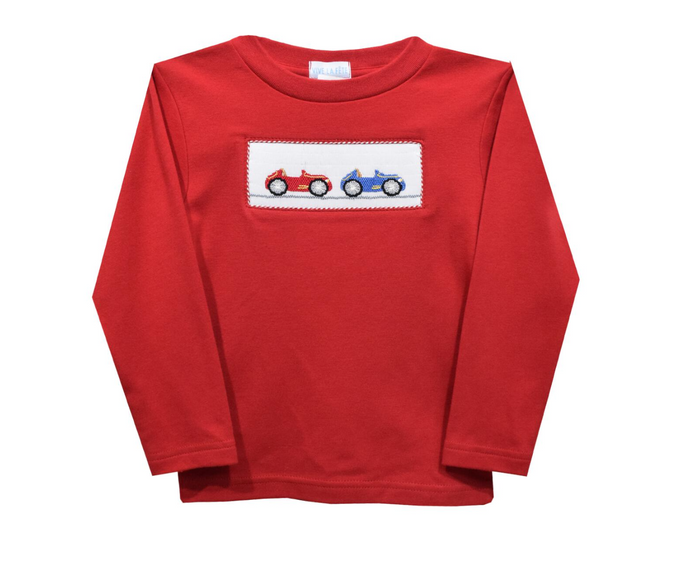 Classic Car Smocked Red Knit Long Sleeve Boys Tee Shirt