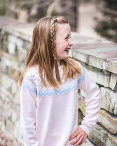 Fair Isle Harringbone Pink Rose Lt Blue White Sweater