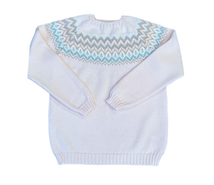 Fair Isle Harringbone Pink Rose Lt Blue White Sweater