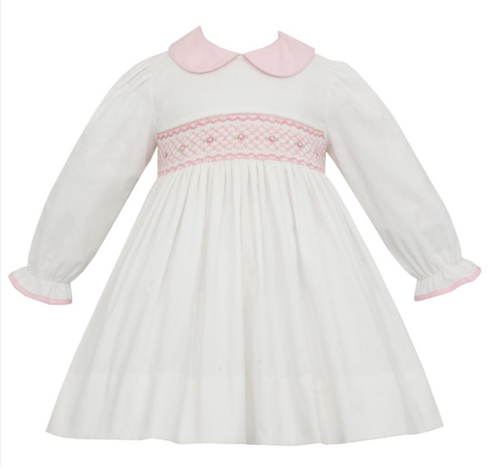 White Corduroy Smocked Dress w/ Pink Collar