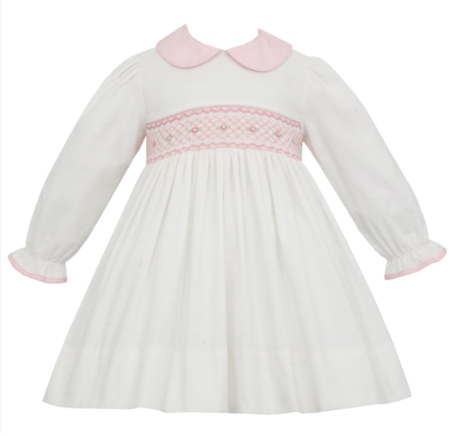 White Corduroy Smocked Dress w/ Pink Collar