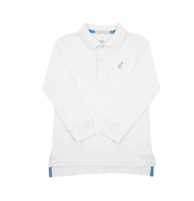 Long Sleeve Prim and Proper Polo in Worth Avenue White with Keeneland Khaki Chelsea Chocolate Stork