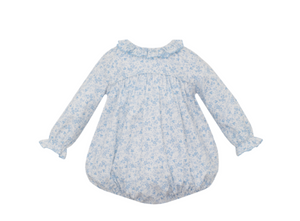 Light Blue Bird Print Girl's Short Bubble w/ Ruffle Collar