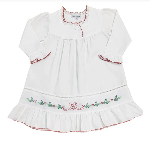 Bow/Holly Embroidered White L/S Nightgown