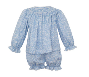 Blue Floral Bloomer Set with Smocking