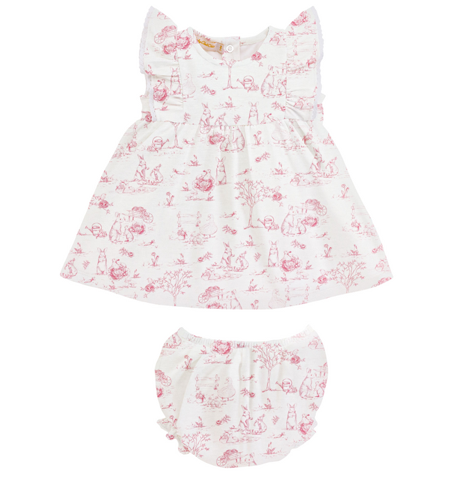 Pink Toile Bunnies Printed Dress w/Ruffles