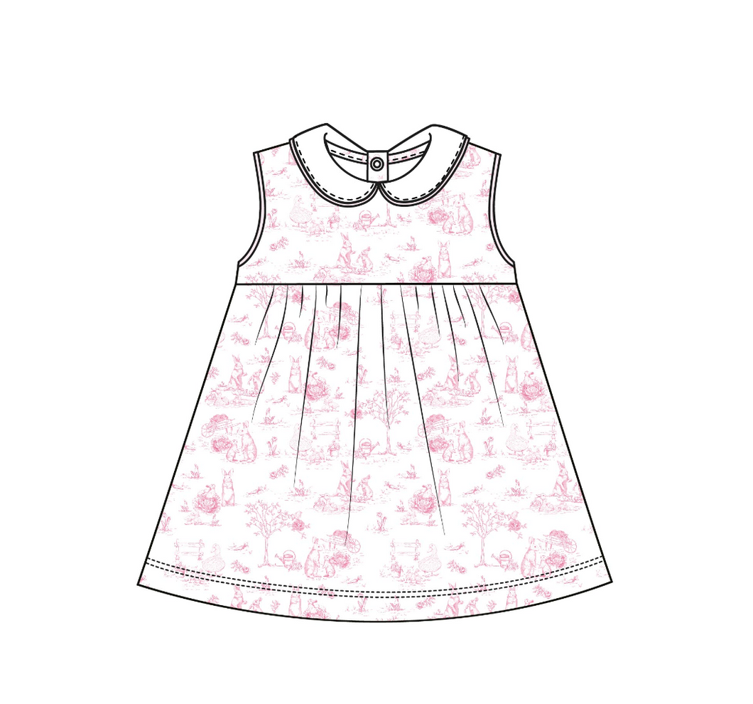 Pink Toile Bunnies Printed Dress w/Round Collar