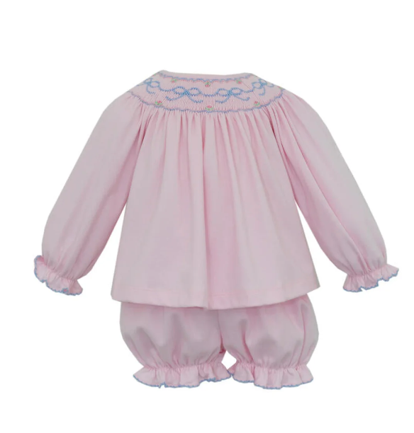 BOWS- Pink Knit Bloomer Set with Smocked Bow Neck