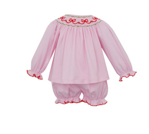 Pink Knit Christmas Bloomer Set W/ Smocked Red Bows