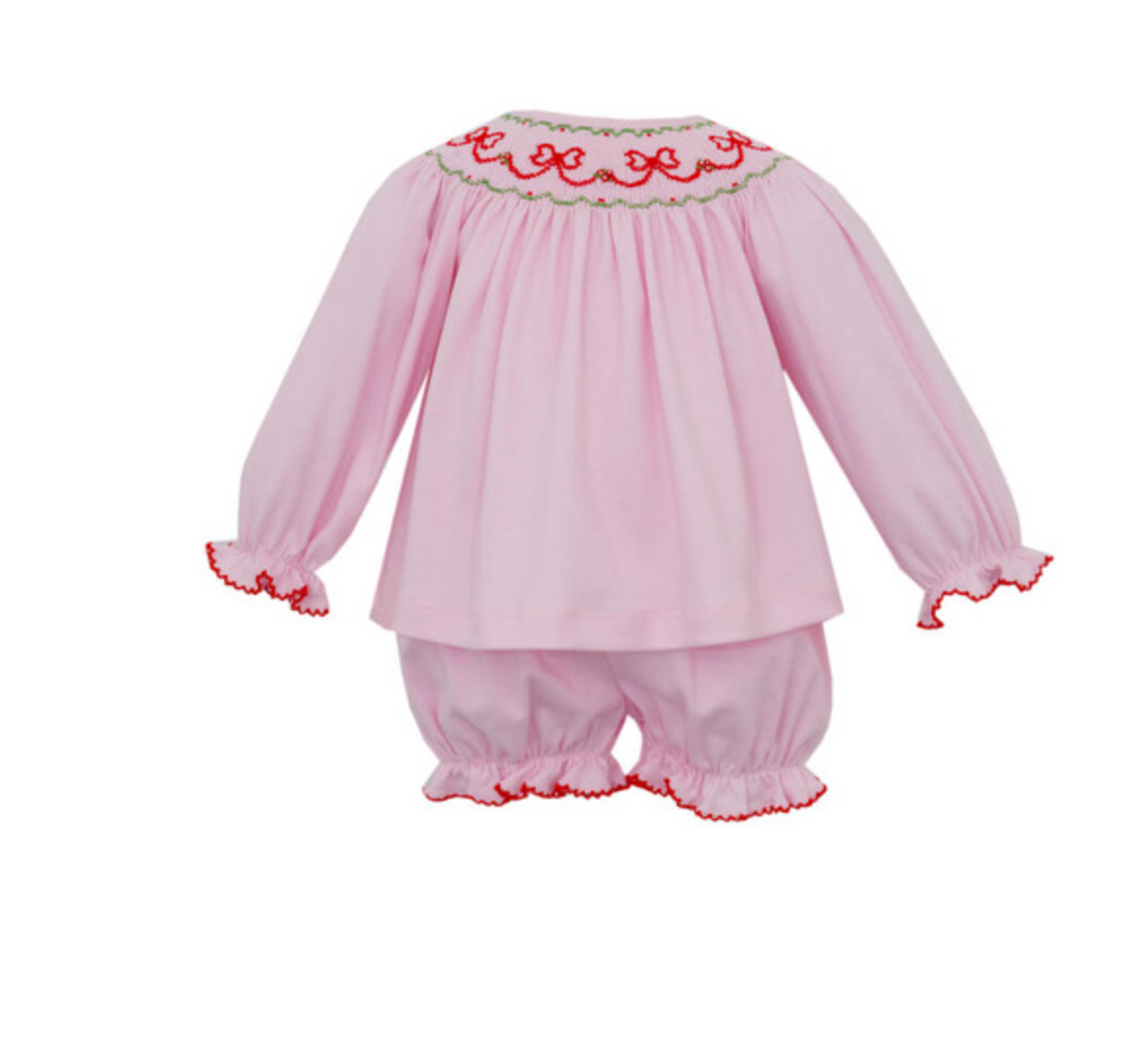 Pink Knit Christmas Bloomer Set W/ Smocked Red Bows