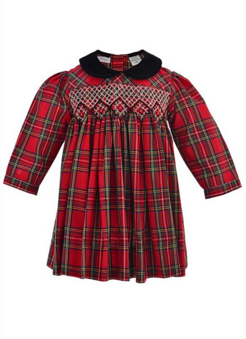 Red L/S Plaid Smocked Dress W/ Velvet Collar