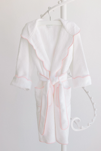 Bathrobe-White Terry W/ Hood and Pink Scalloped Trim