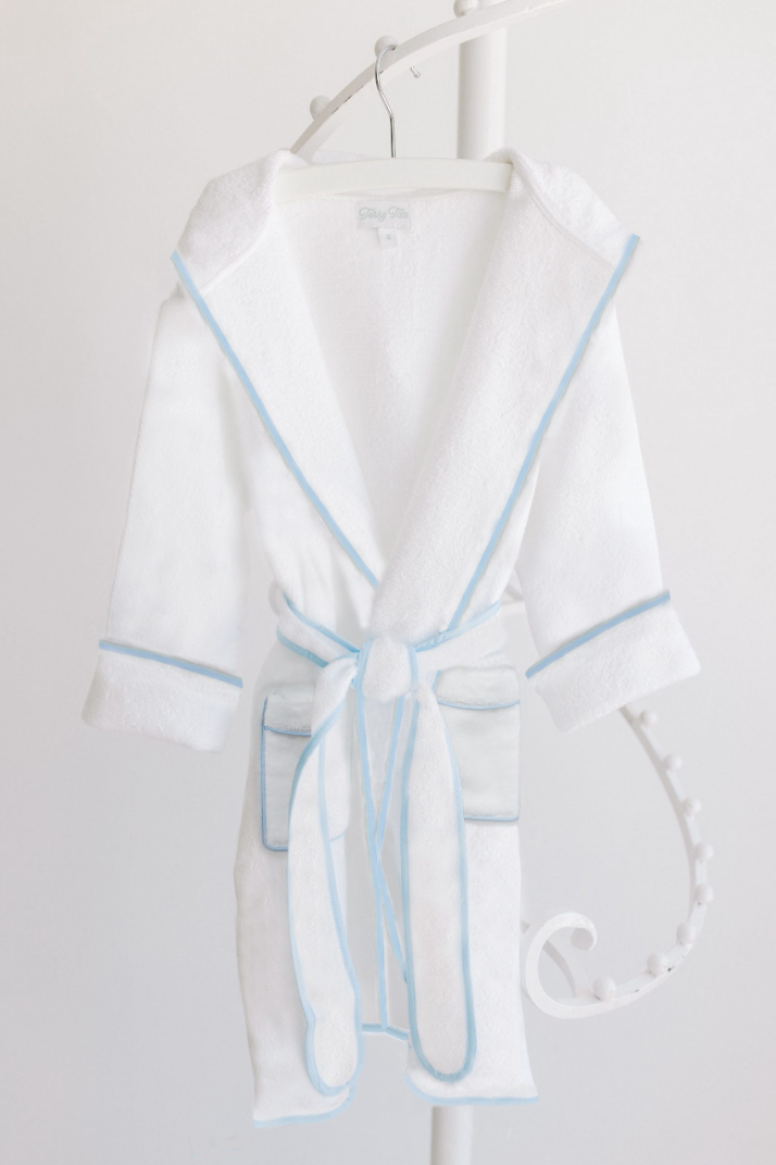 Bathrobe- White Terry W/ Hood And Blue Trim