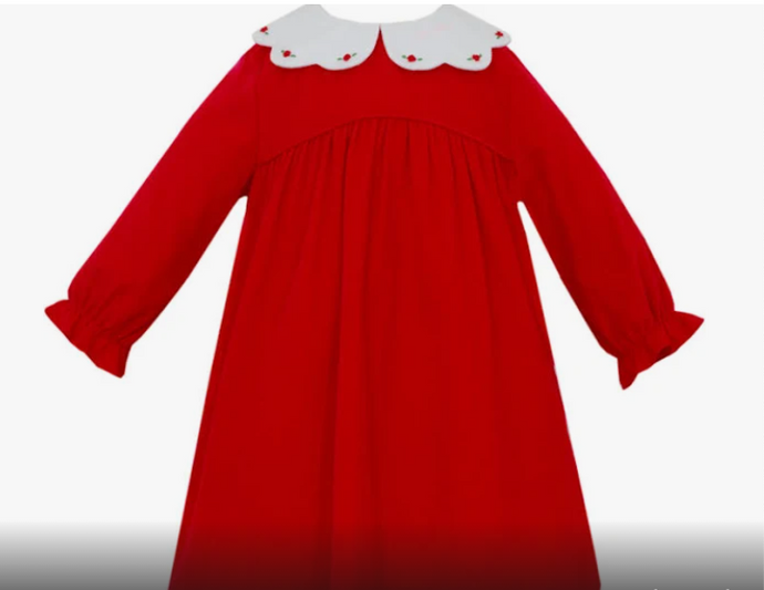 Red Corduroy Long Sleeve Dress W/ White Collar