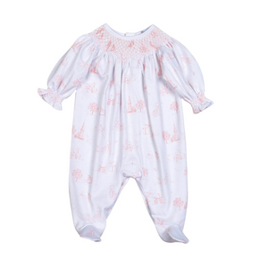 Pink Baby Toile Pima Hand Smocked Footie