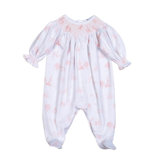 Pink Baby Toile Pima Hand Smocked Footie