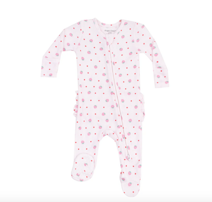Strawberry Swiss Dot 2 Way Zipper Ruffle Back Footie