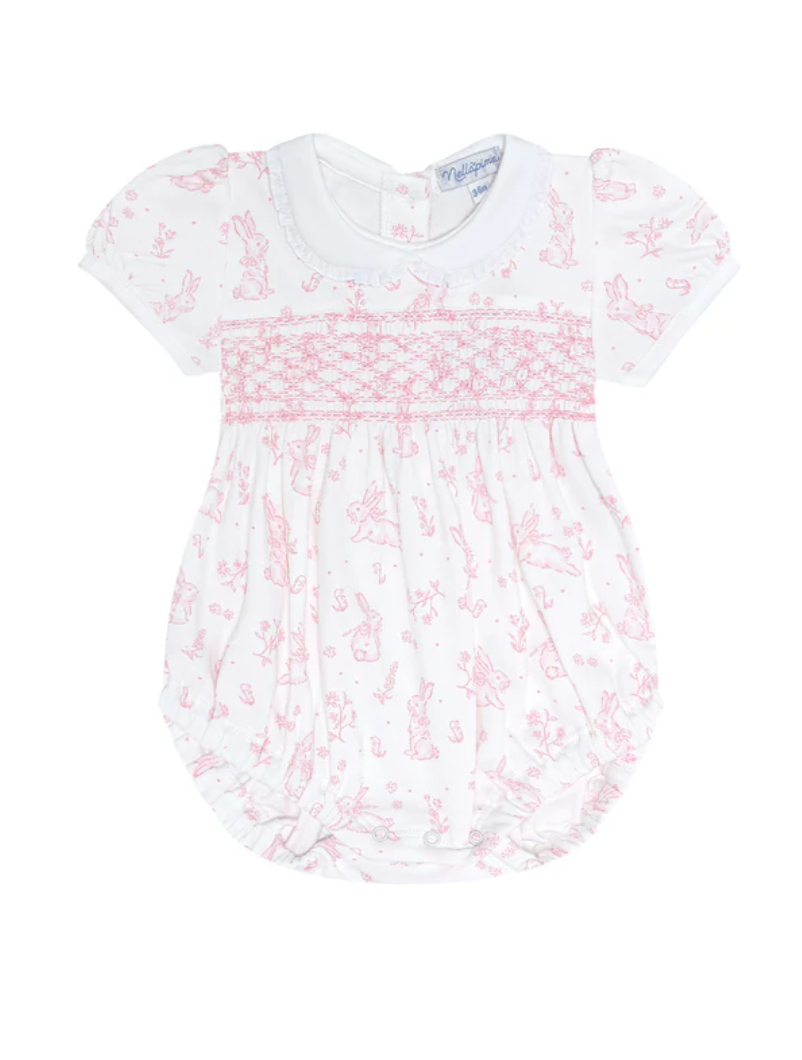 Pink Bunny Toile Smocked Bubble