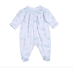 Blue Baby Toile Pima Hand Smocked Footie