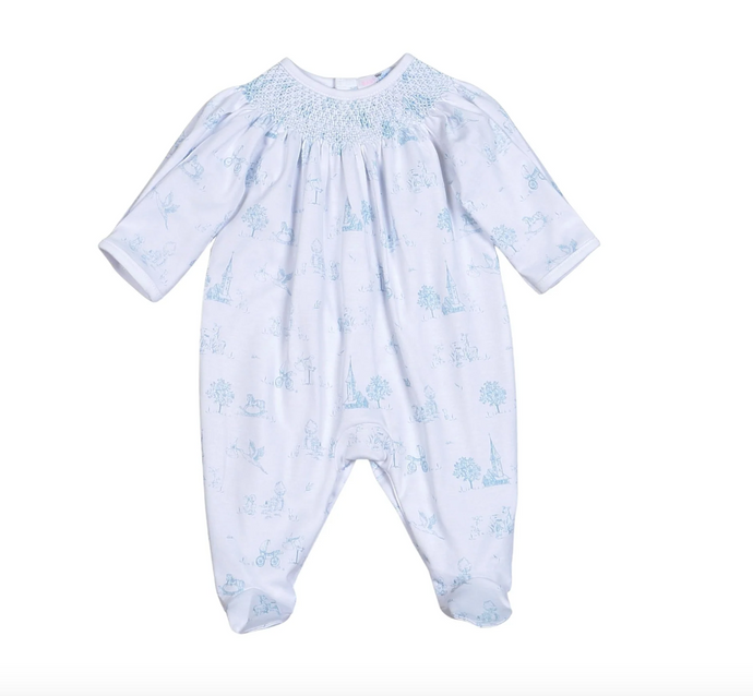 Blue Baby Toile Pima Hand Smocked Footie