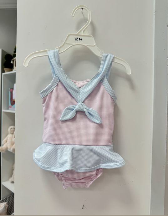 Nora Swimsuit- Baby Pink Minigingham, Baby Blue
