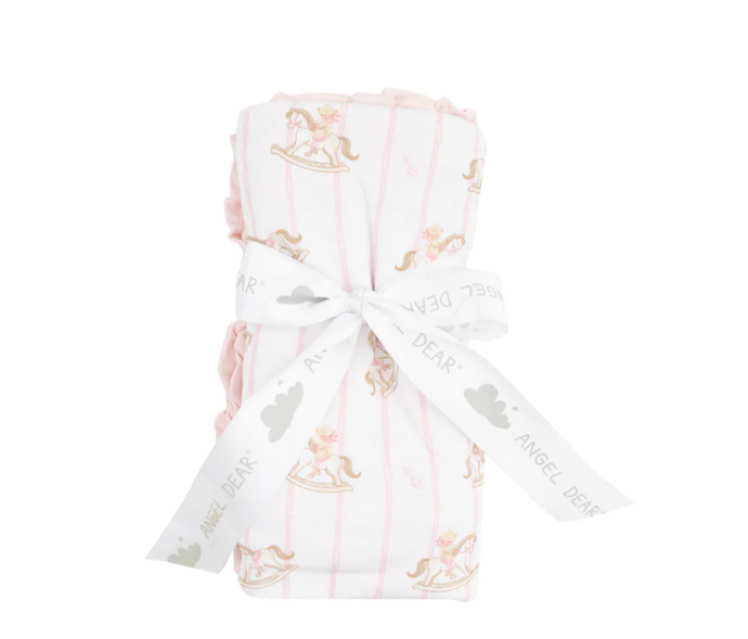 Vintage Rocking Horse Pink Ruffle Receiving Blanket