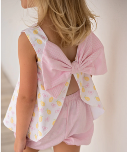 Lottie Bloomer Set-Lemon Top With Pink Checker Seersucker Back Bow