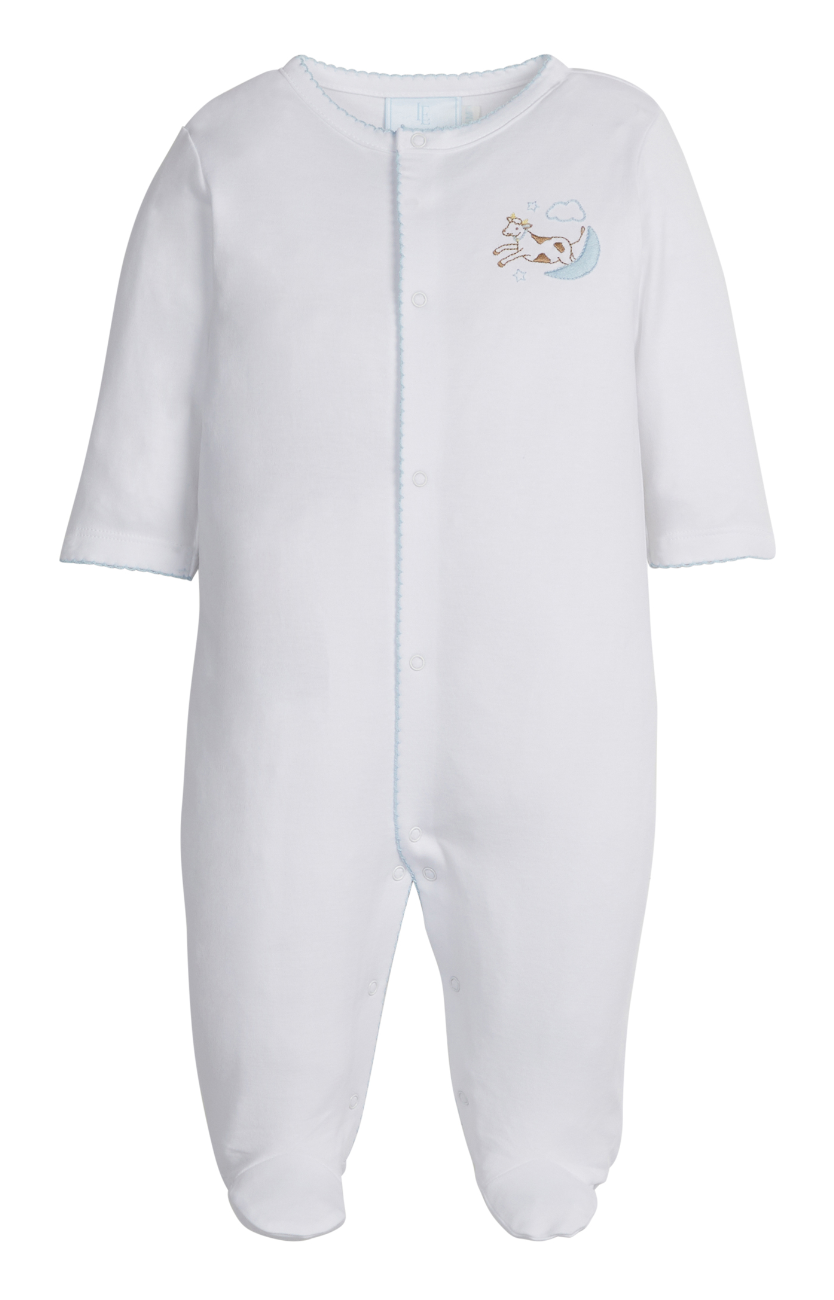 Embroidered Footie - Blue Cow Jumping Over the Moon