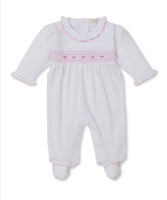 White And Pink Footie with Hand Smocking