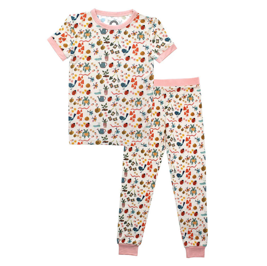 Garden Friends Two-Piece Bamboo Short Sleeve Kids Pajama Pants Set