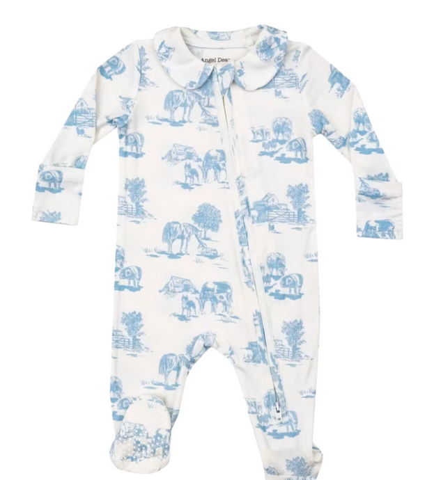 Farm Toile Blue- 2 Way Zipper Footie