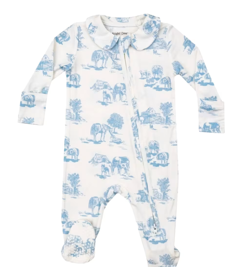 Farm Toile Blue- 2 Way Zipper Footie
