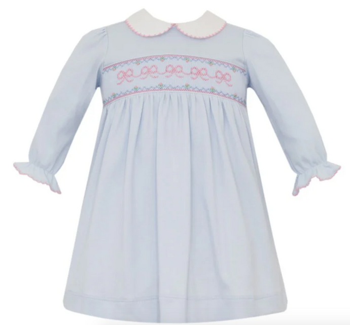 Petit Bebe Smocked Dress BOWS - Lt.blue knit
