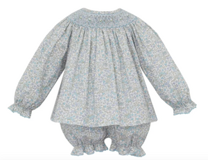 Blue Floral Smocked Bloomer Set