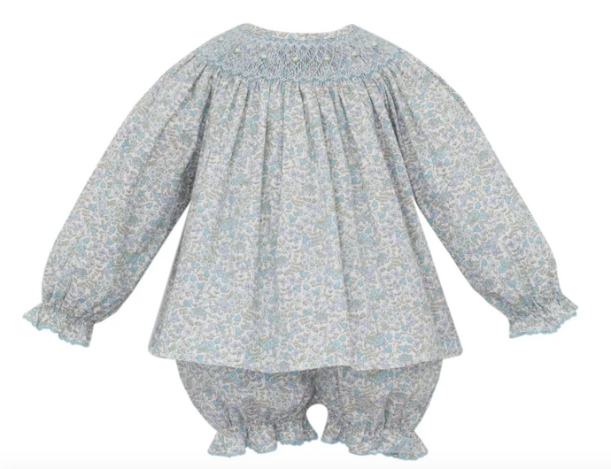 Blue Floral Smocked Bloomer Set