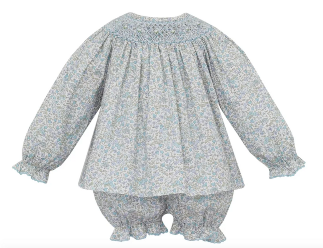 Blue Floral Smocked Bloomer Set